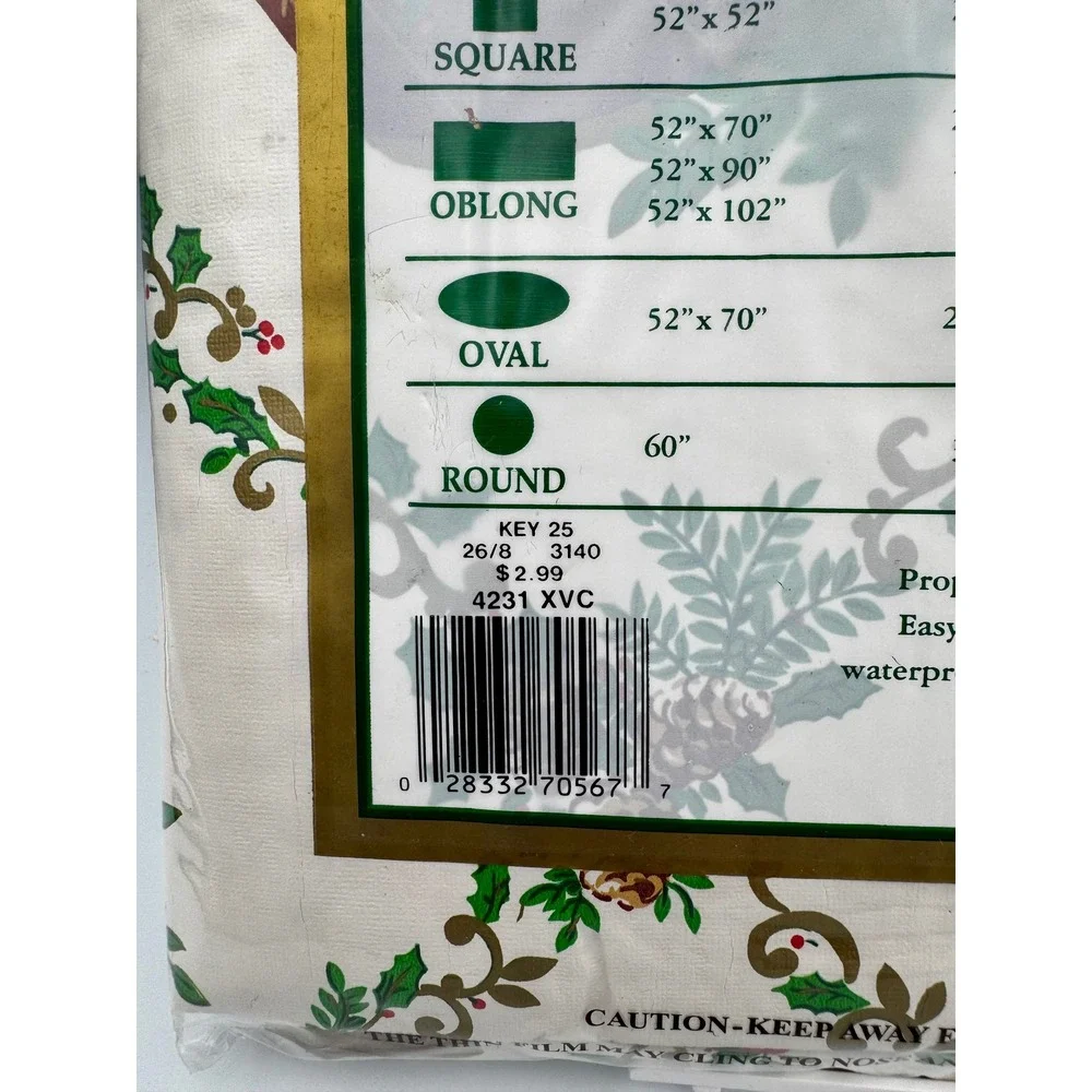 VTG Town & Country Christmas Vinyl Tablecloth 52x90 Oblong Horn Holly Bow NOS